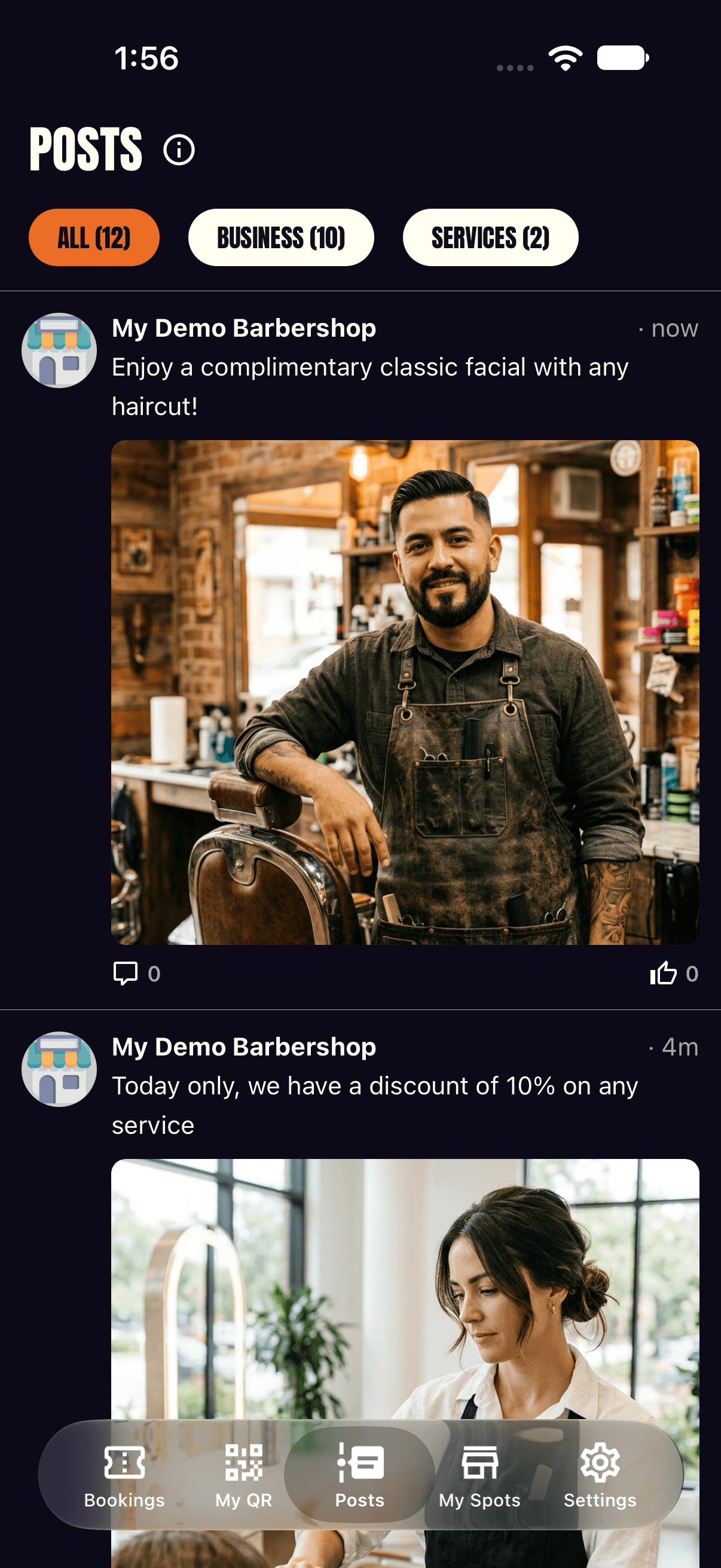 Shortwaits client app showing business posts, promotions, likes, and comments