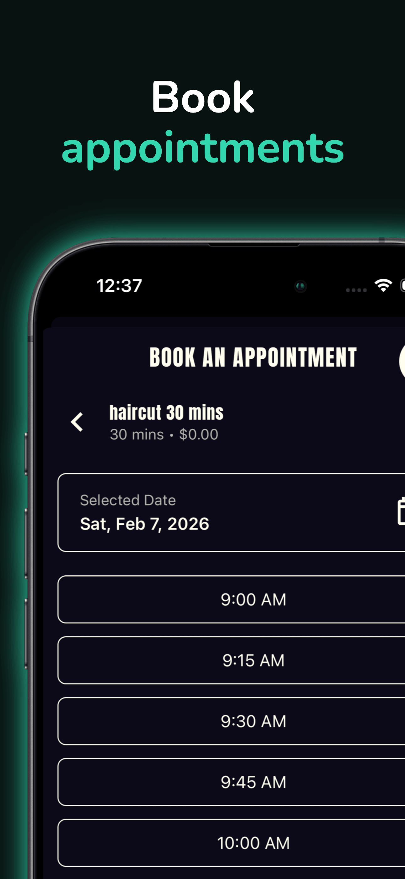 Shortwaits client app showing a service and available appointment times