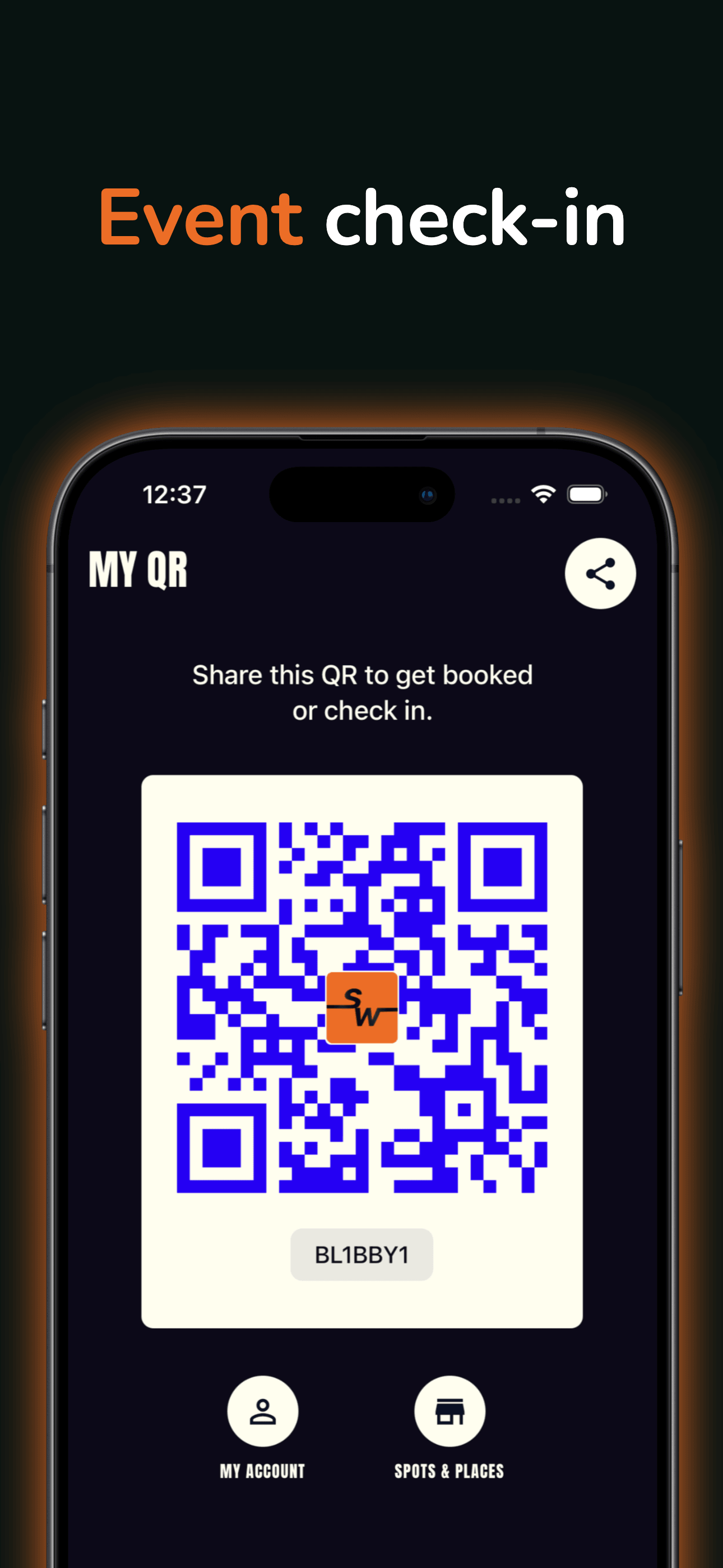 Shortwaits client app preview showing a personal QR code to present to staff for booking or check-in